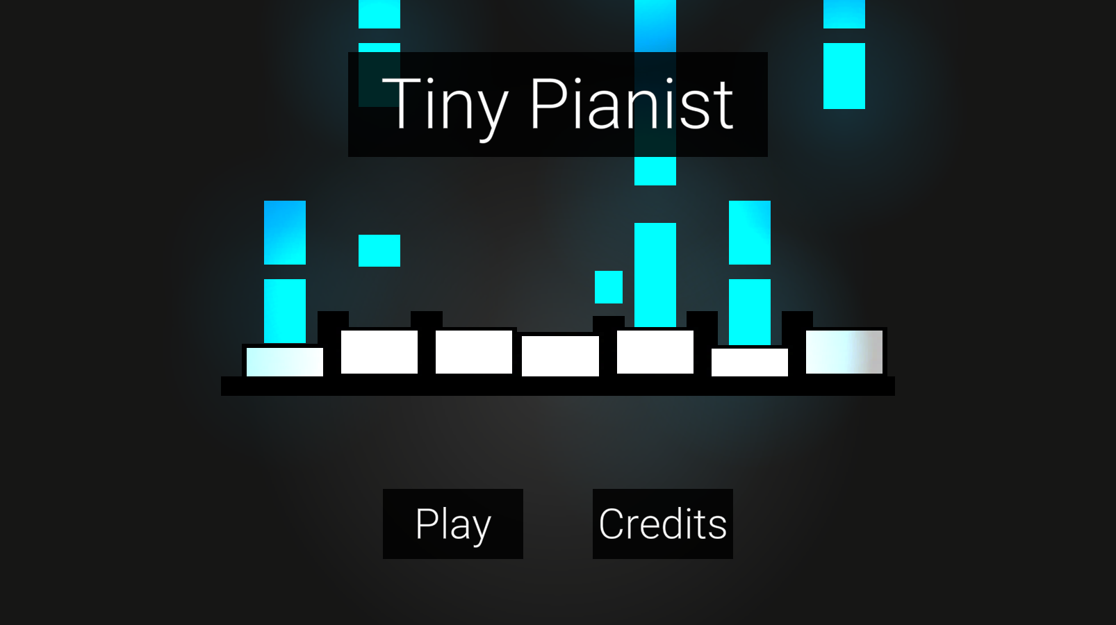 A piano being played by neon blue keys, the cover of Tiny Pianist.