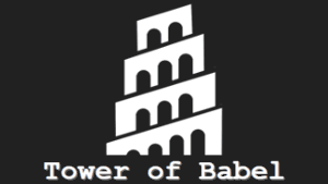 A black and white vector art of a babylonian ziggurat with the text "Tower of Babel".