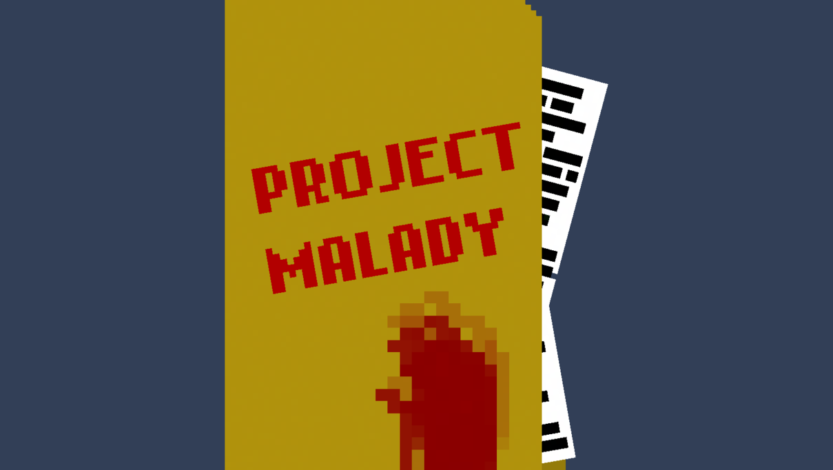 A bloodstained file folder with a red stamp reading "Project Malady," the cover of the game.